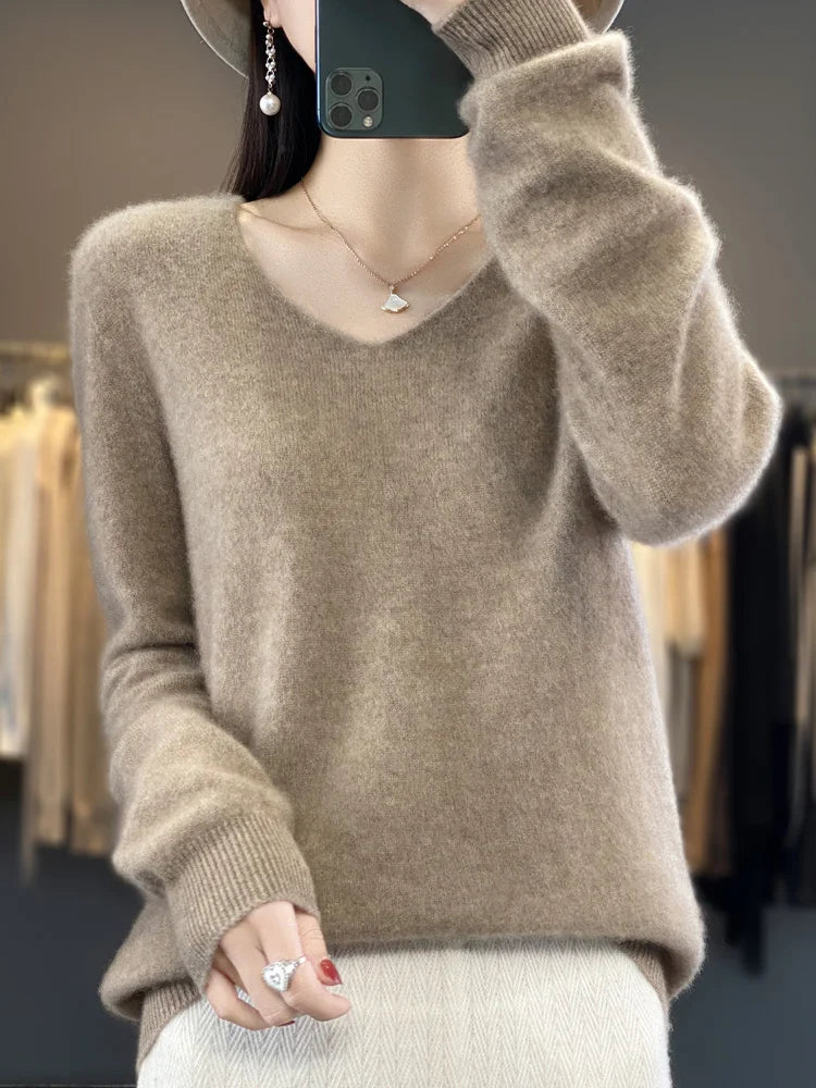 Women’s 100% Merino Wool Sweater – Elegant V-Neck Long Sleeve Pullover | Autumn & Winter Essential by Rarely
