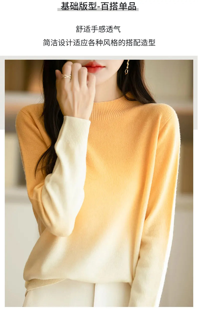 Women’s Fine Wool Thickened Sweater – Gradient Colour Mock Neck Pullover | Elegant Winter Knitwear by Rarely