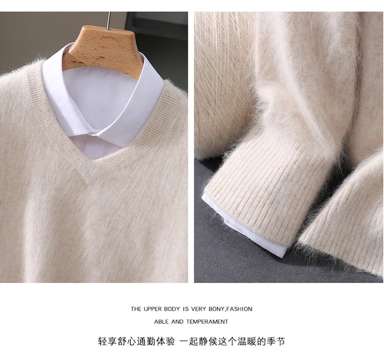 Men’s 100% Pure Mink Cashmere V-Neck Sweater –  for Autumn & Winter