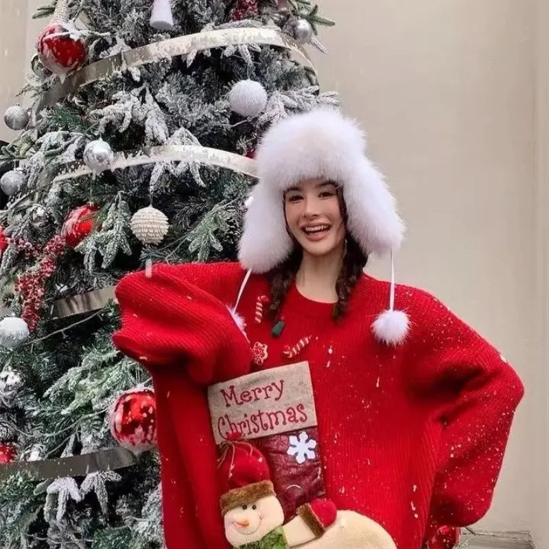 2026 Christmas Embroidery Loose Sweet Simple Jumper Pullover 3D Flower Knit Heavy Knitted Korea Goth New Feminine Tops Sweaters