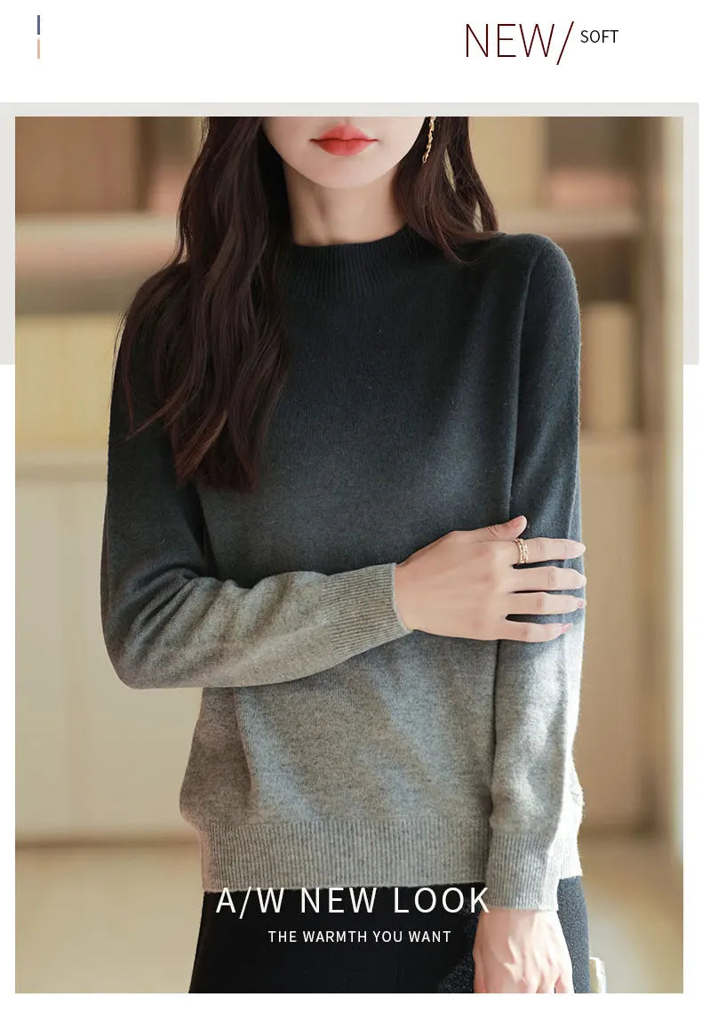Women’s Fine Wool Thickened Sweater – Gradient Colour Mock Neck Pullover | Elegant Winter Knitwear by Rarely