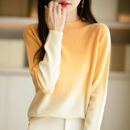 Women’s Fine Wool Thickened Sweater – Gradient Colour Mock Neck Pullover | Elegant Winter Knitwear by Rarely