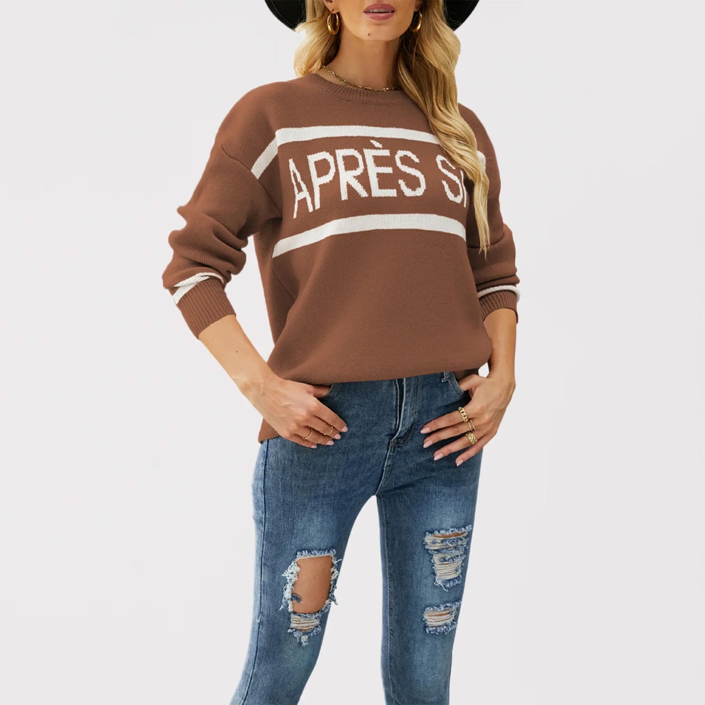 Women’s Oversized Monogram Jacquard Sweater – Crew Neck Patchwork Knit Pullover