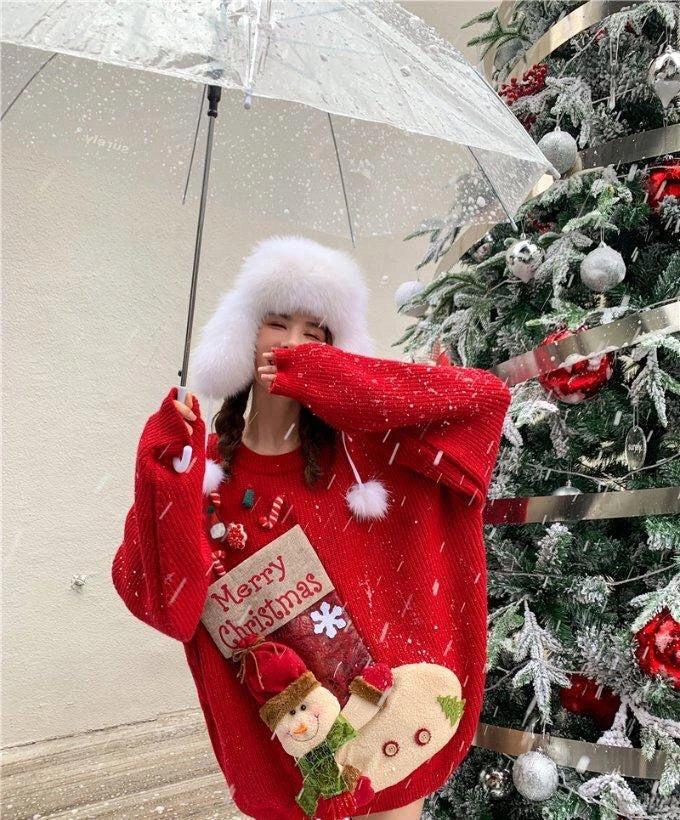 2026 Christmas Embroidery Loose Sweet Simple Jumper Pullover 3D Flower Knit Heavy Knitted Korea Goth New Feminine Tops Sweaters