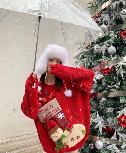 2026 Christmas Embroidery Loose Sweet Simple Jumper Pullover 3D Flower Knit Heavy Knitted Korea Goth New Feminine Tops Sweaters