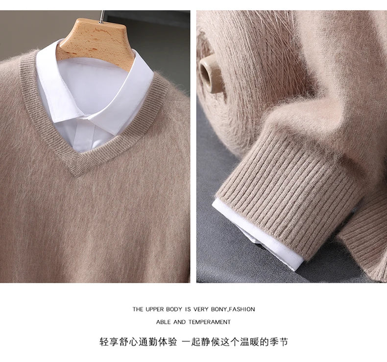 Men’s 100% Pure Mink Cashmere V-Neck Sweater –  for Autumn & Winter