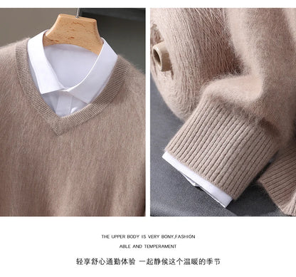 Men’s 100% Pure Mink Cashmere V-Neck Sweater –  for Autumn & Winter