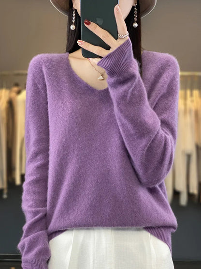 Women’s 100% Merino Wool Sweater – Elegant V-Neck Long Sleeve Pullover | Autumn & Winter Essential by Rarely