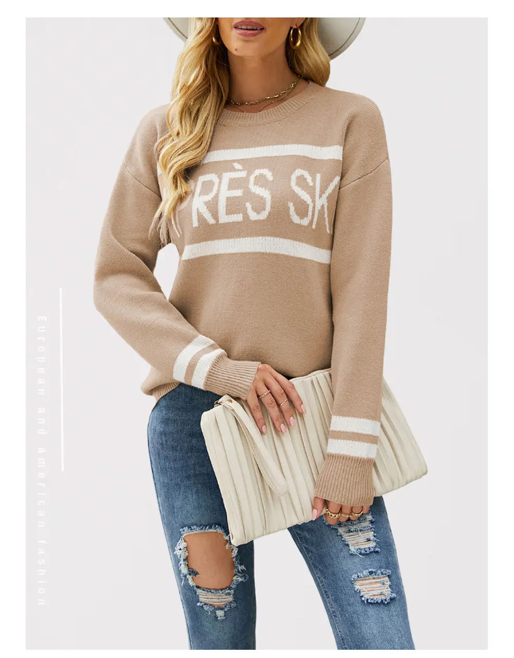 Women’s Oversized Monogram Jacquard Sweater – Crew Neck Patchwork Knit Pullover
