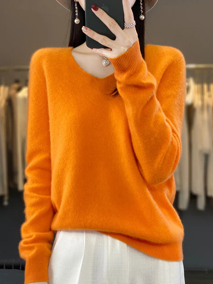 Women’s 100% Merino Wool Sweater – Elegant V-Neck Long Sleeve Pullover | Autumn & Winter Essential by Rarely