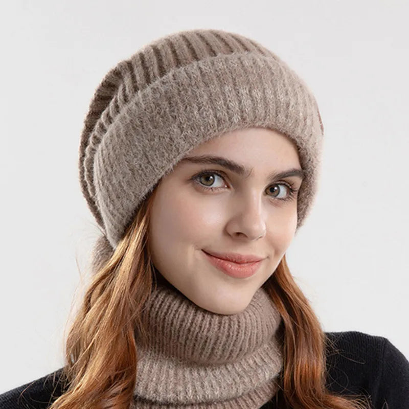 Winter Women Beanies & Snood Set – Two-Tone Knitted Hat and Scarf