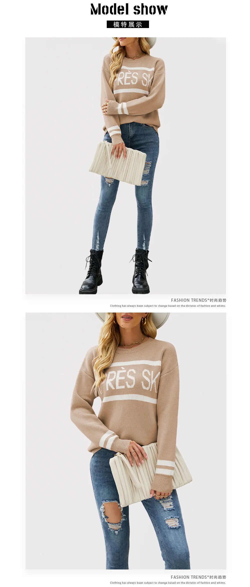 Women’s Oversized Monogram Jacquard Sweater – Crew Neck Patchwork Knit Pullover