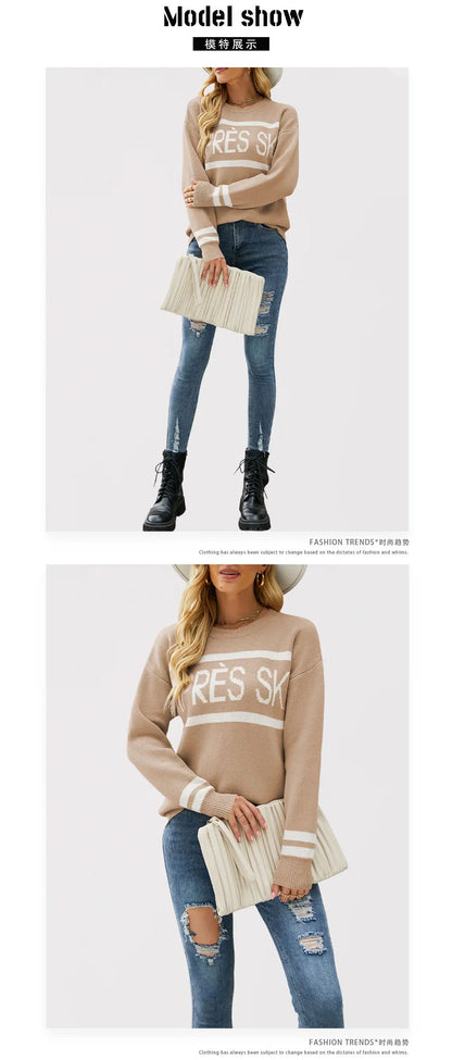 Women’s Oversized Monogram Jacquard Sweater – Crew Neck Patchwork Knit Pullover