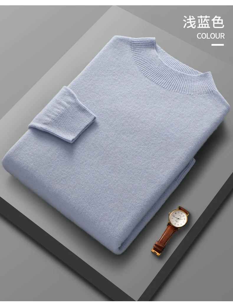Men’s 100% Merino Wool Sweater – Luxury Half High Collar Knit Pullover