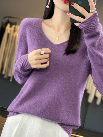 Women’s 100% Merino Wool Sweater – Elegant V-Neck Long Sleeve Pullover | Autumn & Winter Essential by Rarely