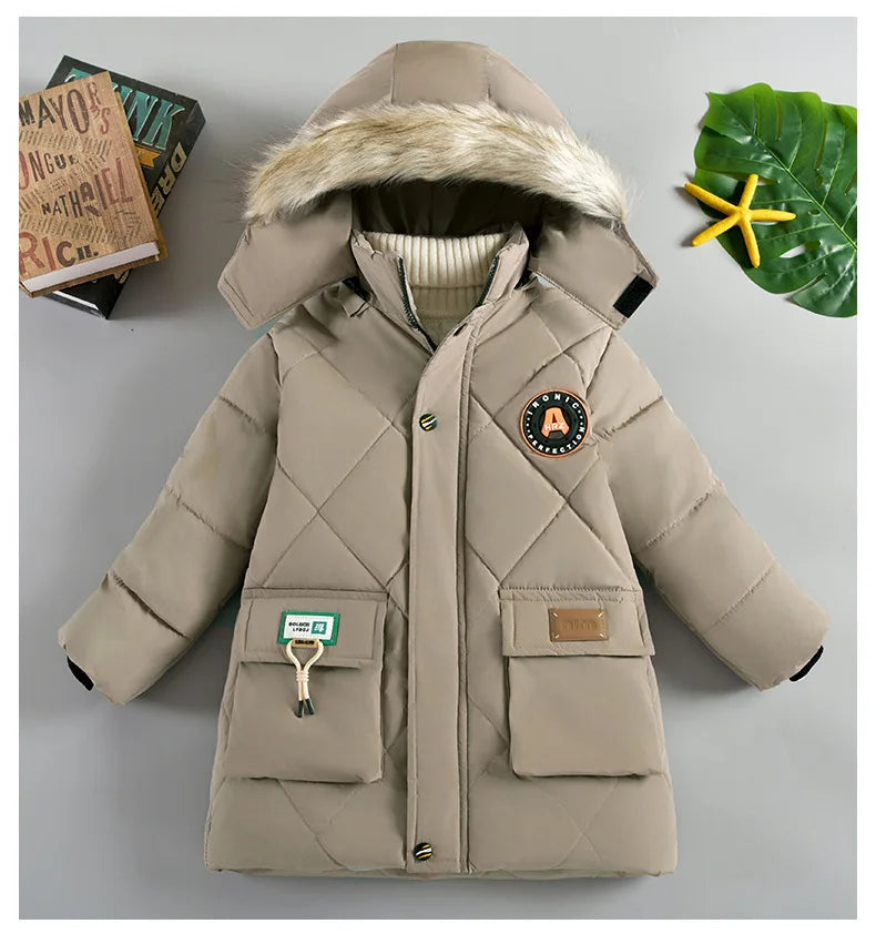 Boys’ Winter Thick Hooded Coat – Warm Fur Collar Jacket