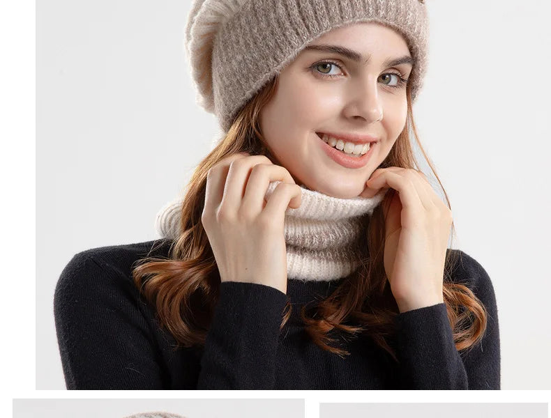 Winter Women Beanies & Snood Set – Two-Tone Knitted Hat and Scarf