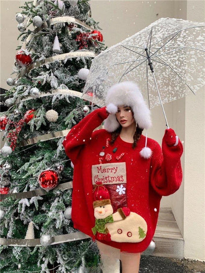 2026 Christmas Embroidery Loose Sweet Simple Jumper Pullover 3D Flower Knit Heavy Knitted Korea Goth New Feminine Tops Sweaters