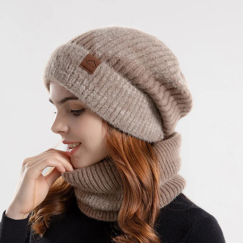 Winter Women Beanies & Snood Set – Two-Tone Knitted Hat and Scarf