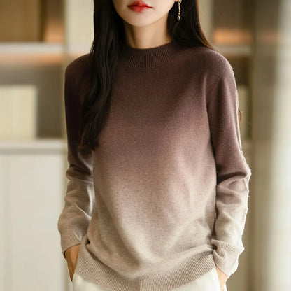 Women’s Fine Wool Thickened Sweater – Gradient Colour Mock Neck Pullover | Elegant Winter Knitwear by Rarely