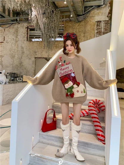 2026 Christmas Embroidery Loose Sweet Simple Jumper Pullover 3D Flower Knit Heavy Knitted Korea Goth New Feminine Tops Sweaters