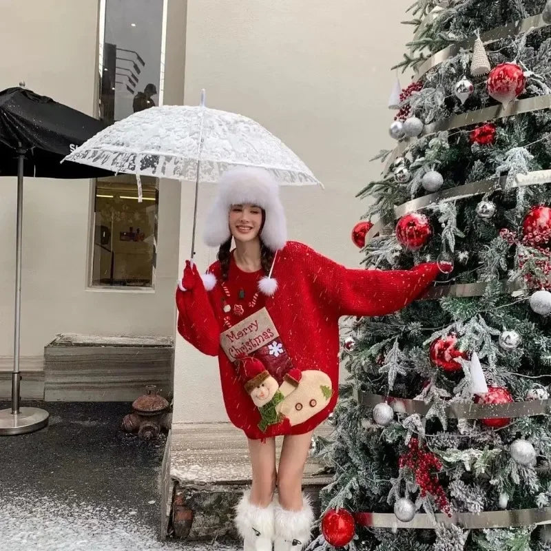 2026 Christmas Embroidery Loose Sweet Simple Jumper Pullover 3D Flower Knit Heavy Knitted Korea Goth New Feminine Tops Sweaters