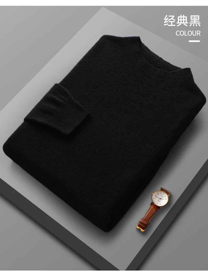 Men’s 100% Merino Wool Sweater – Luxury Half High Collar Knit Pullover