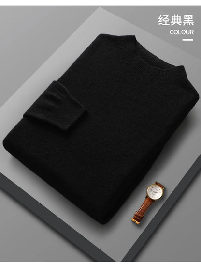 Men’s 100% Merino Wool Sweater – Luxury Half High Collar Knit Pullover