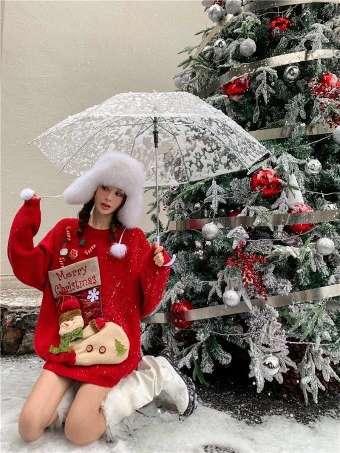 2026 Christmas Embroidery Loose Sweet Simple Jumper Pullover 3D Flower Knit Heavy Knitted Korea Goth New Feminine Tops Sweaters