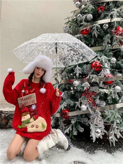 2026 Christmas Embroidery Loose Sweet Simple Jumper Pullover 3D Flower Knit Heavy Knitted Korea Goth New Feminine Tops Sweaters