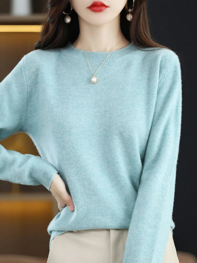 Women’s 100% Merino Wool Sweater – Soft Cashmere O-Neck Pullover