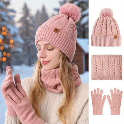 Winter 3-Piece Set: Warm Knit Hat, Scarf & Gloves