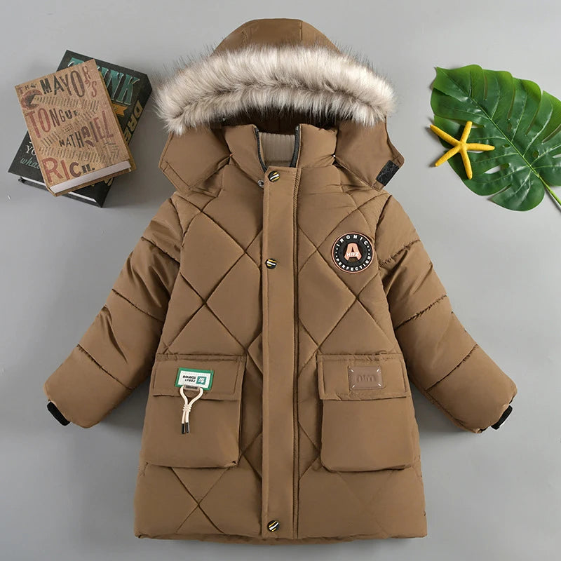 Boys’ Winter Thick Hooded Coat – Warm Fur Collar Jacket