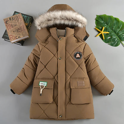 Boys’ Winter Thick Hooded Coat – Warm Fur Collar Jacket