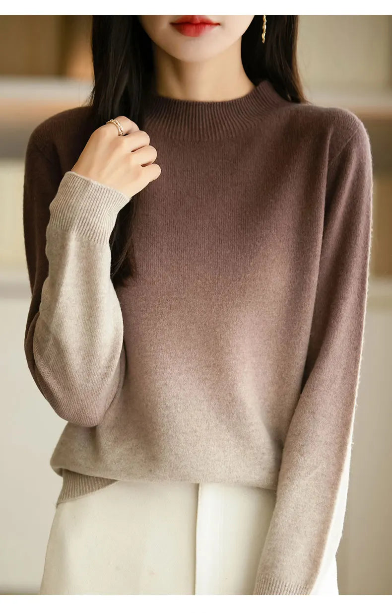 Women’s Fine Wool Thickened Sweater – Gradient Colour Mock Neck Pullover | Elegant Winter Knitwear by Rarely