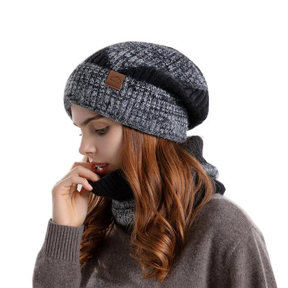Winter Women Beanies & Snood Set – Two-Tone Knitted Hat and Scarf
