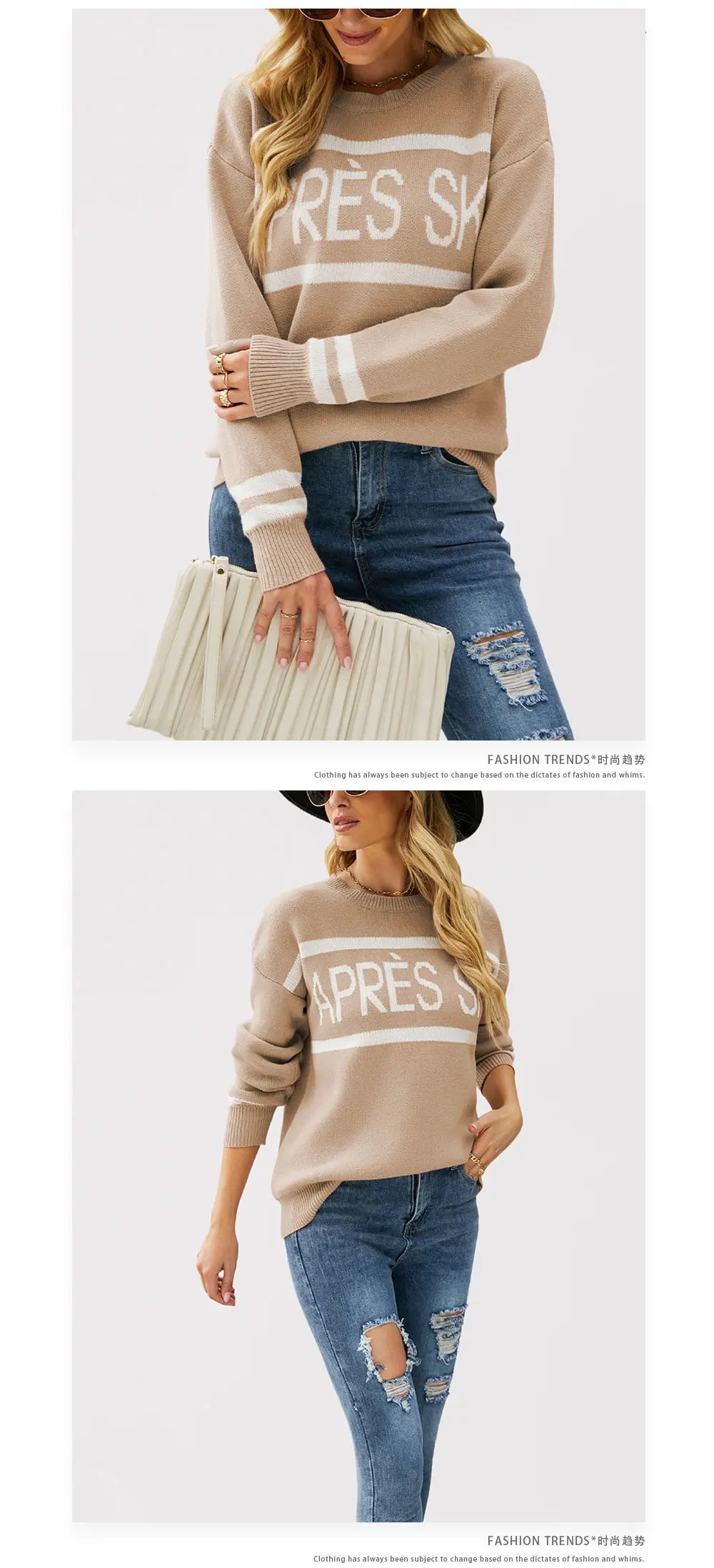 Women’s Oversized Monogram Jacquard Sweater – Crew Neck Patchwork Knit Pullover