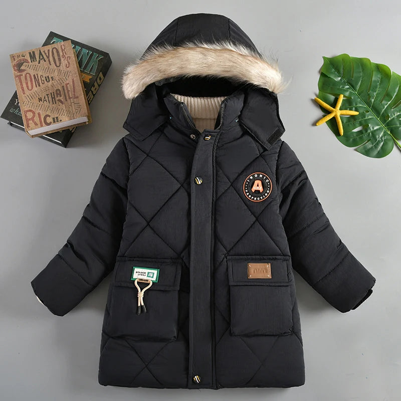 Boys’ Winter Thick Hooded Coat – Warm Fur Collar Jacket
