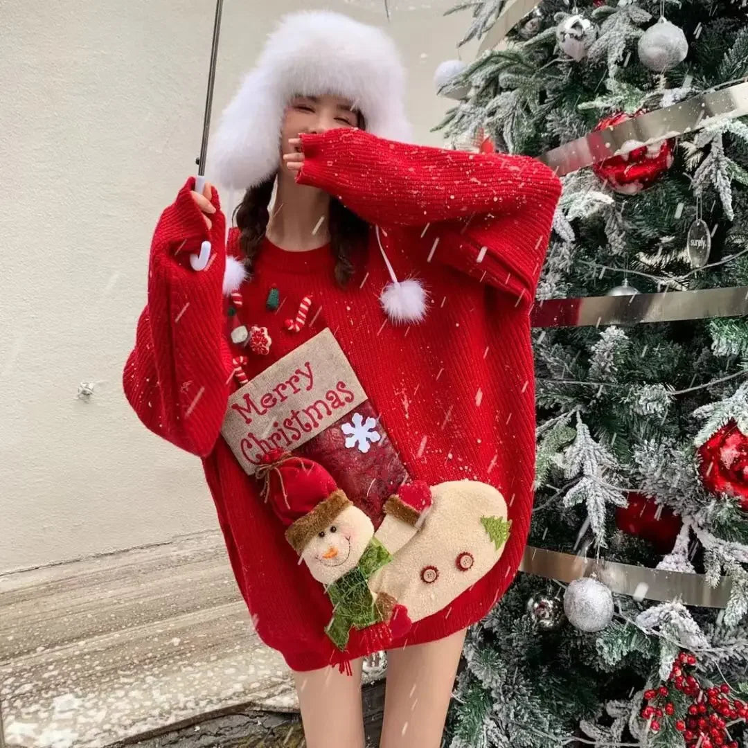 2026 Christmas Embroidery Loose Sweet Simple Jumper Pullover 3D Flower Knit Heavy Knitted Korea Goth New Feminine Tops Sweaters