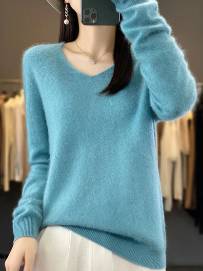 Women’s 100% Merino Wool Sweater – Elegant V-Neck Long Sleeve Pullover | Autumn & Winter Essential by Rarely