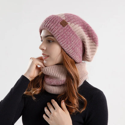 Winter Women Beanies & Snood Set – Two-Tone Knitted Hat and Scarf