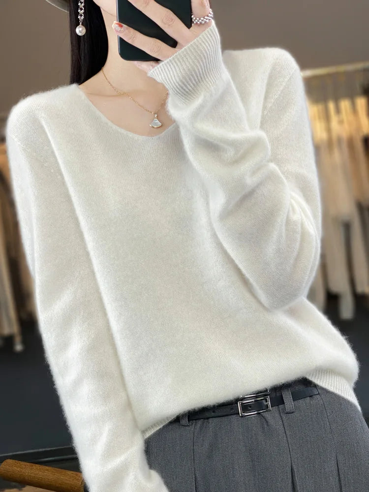 Women’s 100% Merino Wool Sweater – Elegant V-Neck Long Sleeve Pullover | Autumn & Winter Essential by Rarely
