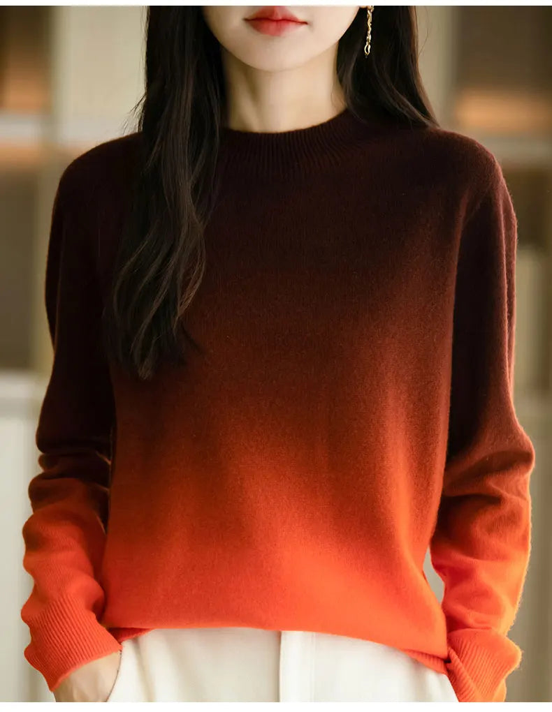 Women’s Fine Wool Thickened Sweater – Gradient Colour Mock Neck Pullover | Elegant Winter Knitwear by Rarely