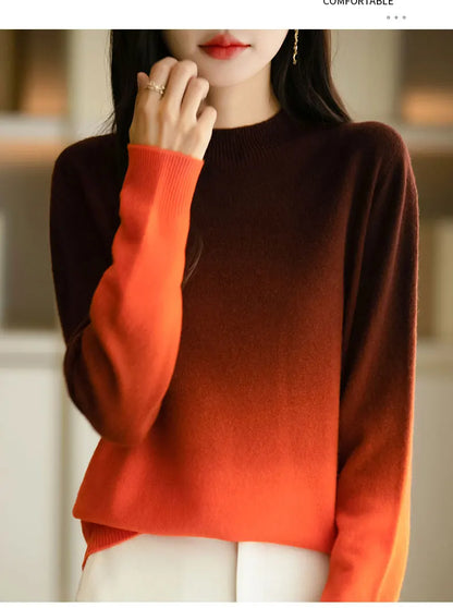 Women’s Fine Wool Thickened Sweater – Gradient Colour Mock Neck Pullover | Elegant Winter Knitwear by Rarely