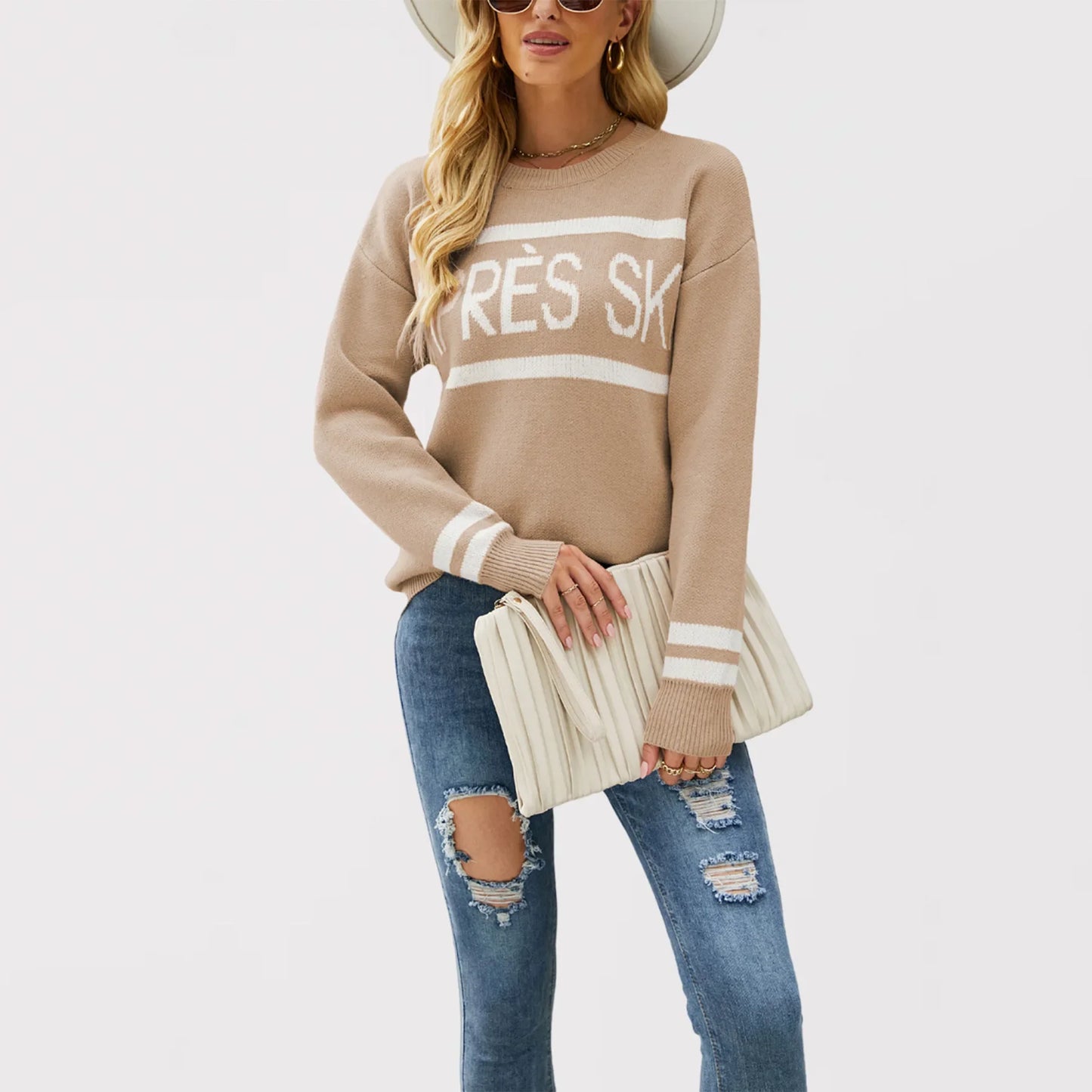 Women’s Oversized Monogram Jacquard Sweater – Crew Neck Patchwork Knit Pullover