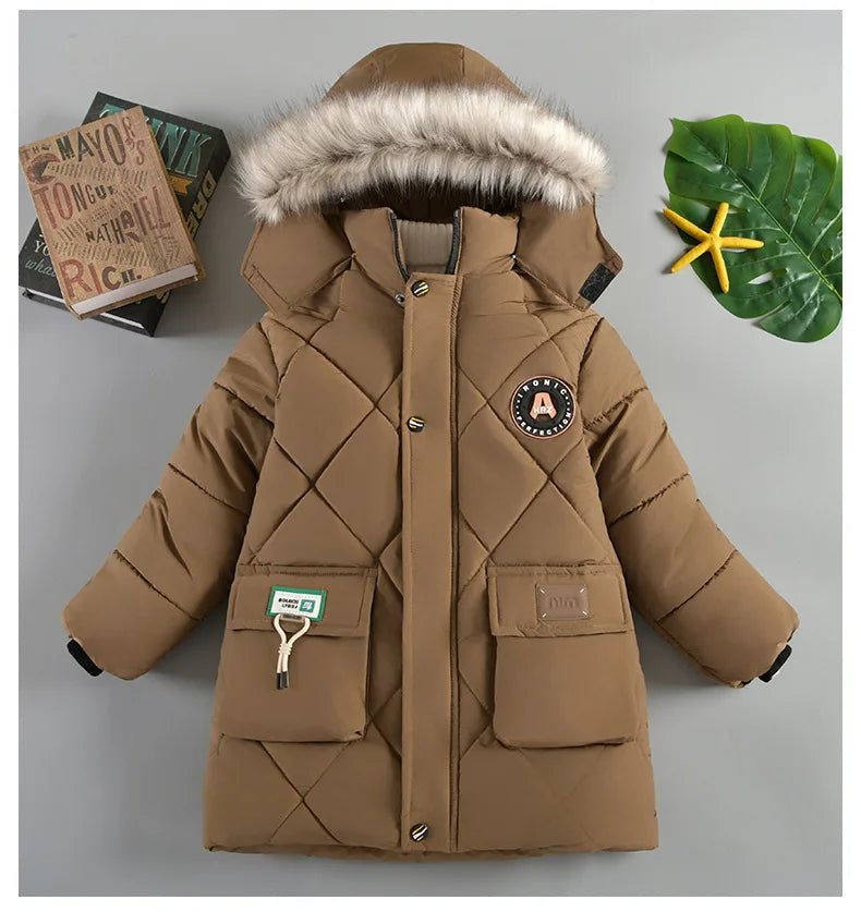 Boys’ Winter Thick Hooded Coat – Warm Fur Collar Jacket