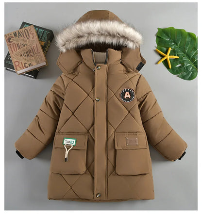 Boys’ Winter Thick Hooded Coat – Warm Fur Collar Jacket