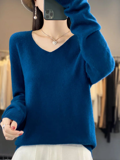 Women’s 100% Merino Wool Sweater – Elegant V-Neck Long Sleeve Pullover | Autumn & Winter Essential by Rarely