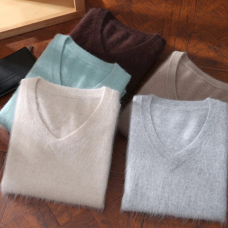 Men’s 100% Pure Mink Cashmere V-Neck Sweater –  for Autumn & Winter